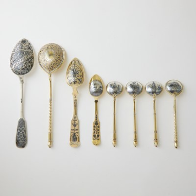 Lot 707 - Group of Eight Russian Silver, Silver-Gilt and Niello Spoons