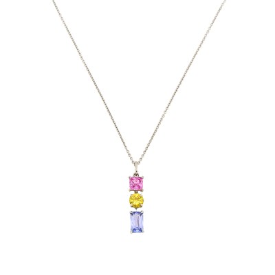 Lot 1098 - White Gold, Multicolored Sapphire Pendant with Chain Necklace