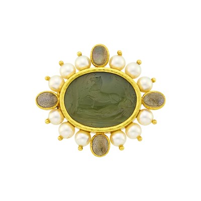 Lot 1020 - Elizabeth Locke Hammered Gold, Venetian 'Smoke' Glass Intaglio, Mother-of-Pearl, Labradorite and Cultured Pearl Pendant Clip-Brooch