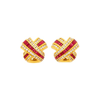 Lot 1191 - Charles Krypell Pair of Gold, Ruby and Diamond Earclips