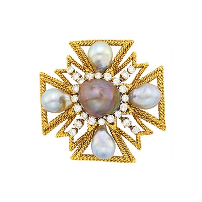 Lot 140 - David Webb Gold, Platinum, Multicolored Baroque Cultured Pearl and Diamond Maltise Cross Clip-Brooch