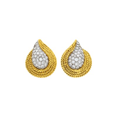 Lot 97 - David Webb Pair of Gold, Platinum and Diamond Bombé Paisley Earclips