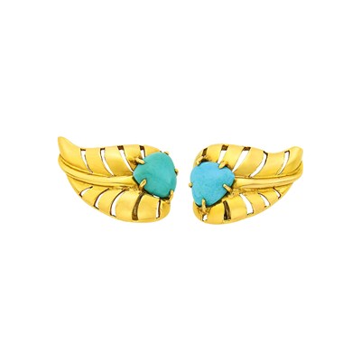 Lot 139 - Seaman Schepps Pair of Gold and Turquoise Leaf Earclips