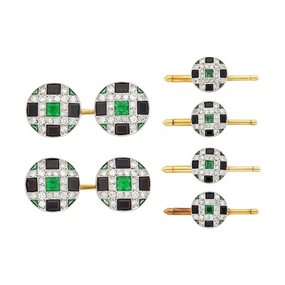 Lot 1174 - Two-Color Gold, Emerald and Diamond and Black Onyx Dress Set