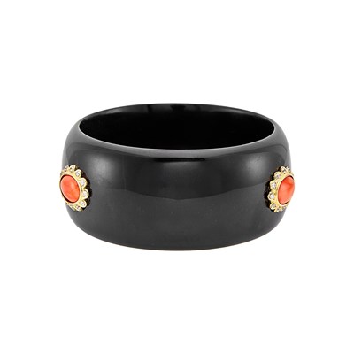 Lot 1073 - Black Agate, Gold, Coral and Diamond Cuff Bangle Bracelet