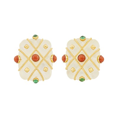 Lot 94 - Pair of Gold, Carved Rock Crystal, Mother-of-Pearl, Coral and Cabochon Green Quartz Earclips