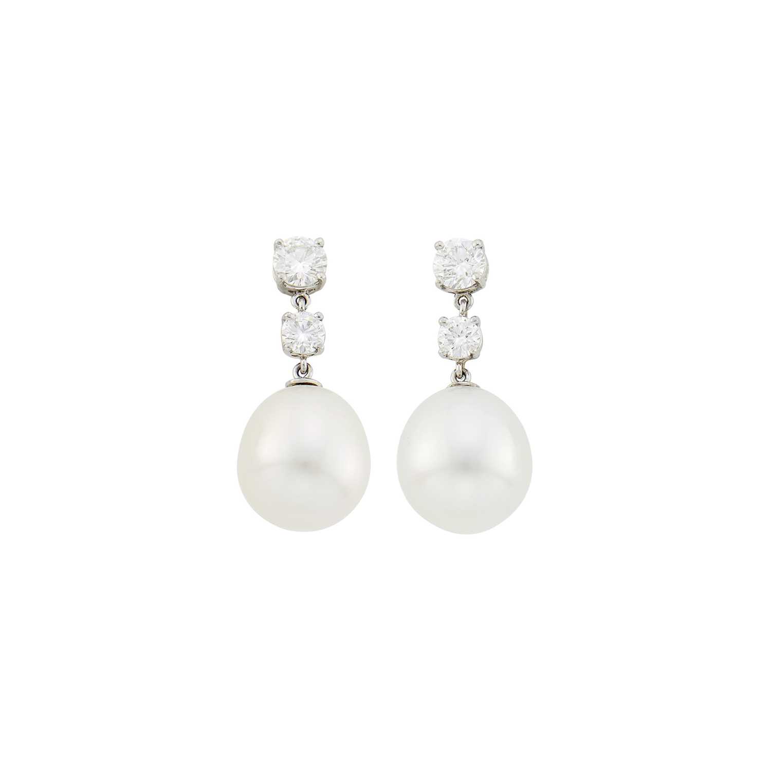 Lot 19 - Pair of Platinum, Diamond and South Sea Cultured Pearl Pendant-Earrings