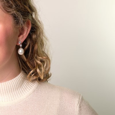 Lot 19 - Pair of Platinum, Diamond and South Sea Cultured Pearl Pendant-Earrings