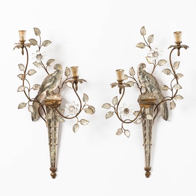 Lot 283 - Pair of Baques Style Gilt Painted Metal and Glass Bird-Form Two-Light Wall Sconces