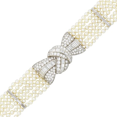 Lot 166 - Six Strand Natural Pearl, Platinum and Diamond Bracelet