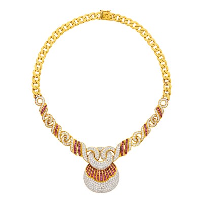 Lot 137 - Two-Color Gold, Ruby and Diamond Curb Link Chain Necklace