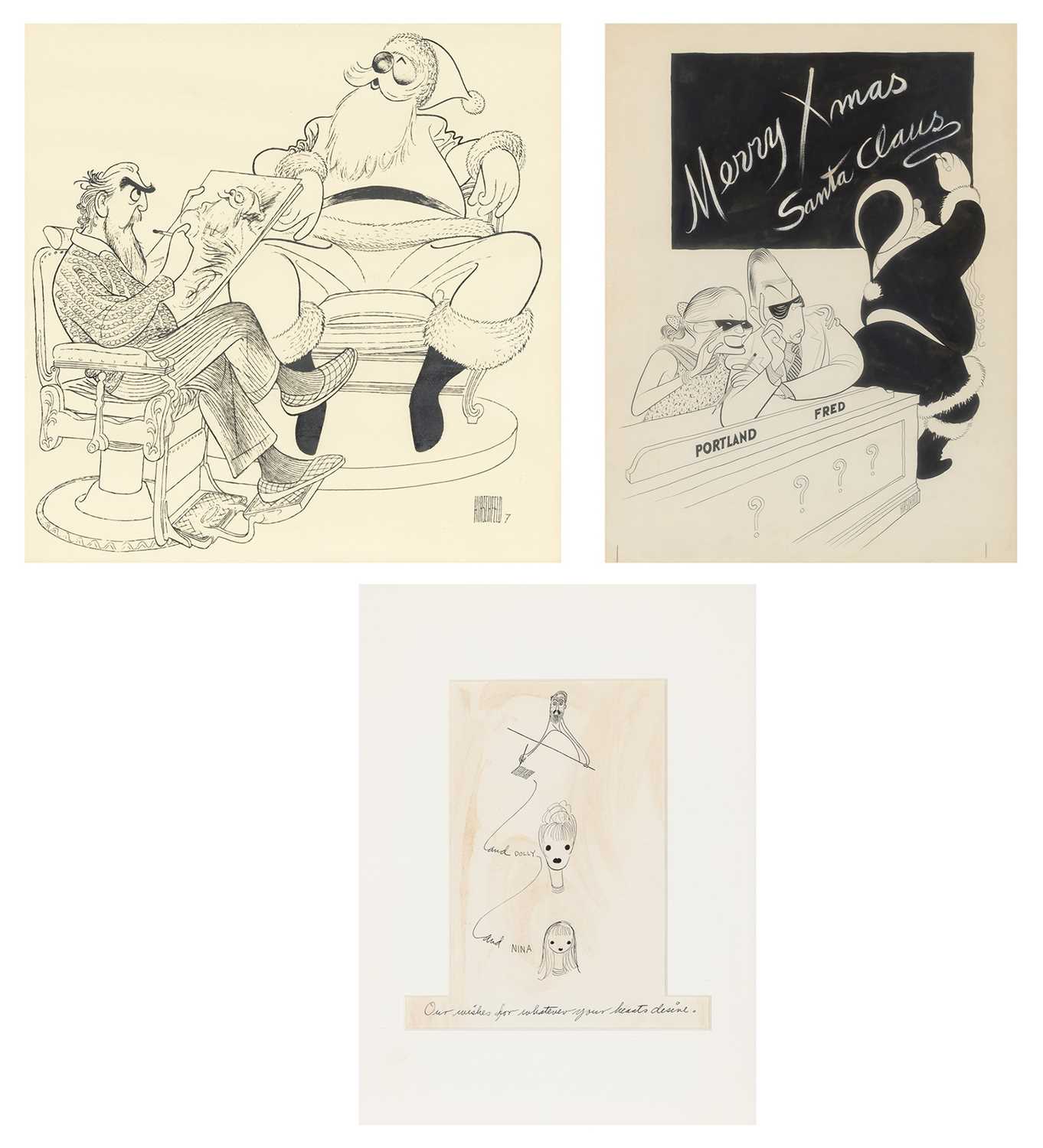Lot 560 - An original Al Hirschfeld depicting Fred Allen and Portland Hoffa with Santa Claus
