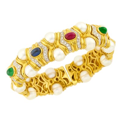 Lot 12 - Gold, Cultured Pearl, Cabochon Colored Stone and Diamond Bracelet