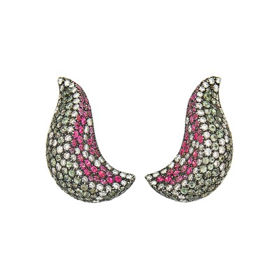 Lot 117 - Pair of Blackened Gold, Diamond and Multicolored Sapphire Watermelon Earclips