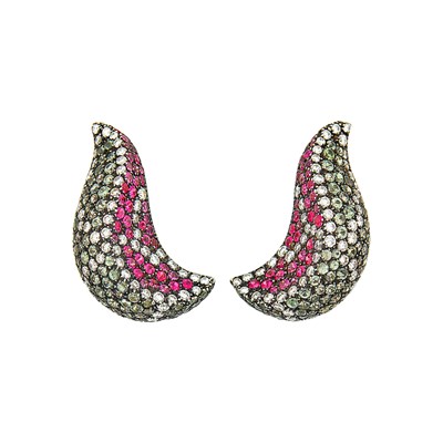 Lot 75 - Pair of Blackened Gold, Diamond and Multicolored Sapphire Watermelon Earclips