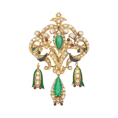 Lot 1101 - Gold, Emerald, Diamond, Ruby and Enamel Pendant-Brooch