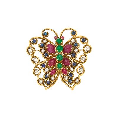 Lot 1063 - Gold, Ruby, Sapphire and Diamond Butterfly Pin
