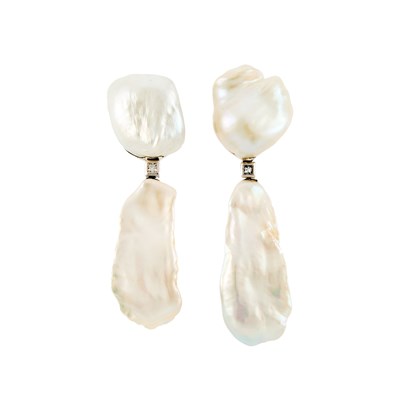 Lot 1128 - Pair of Oversized White Gold, Baroque Cultured Pearl and Diamond Pendant-Earrings