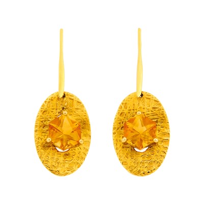 Lot 1309 - Pair of Gold and Citrine Pendant-Earrings