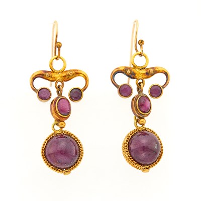 Lot 1199 - Pair of High Karat Gold and Cabochon Ruby Pendant-Earrings