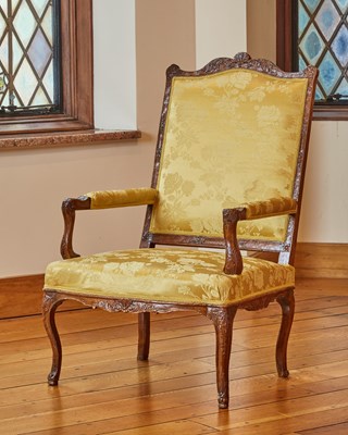 Lot 164 - Louis XIV / XV Carved Walnut Upholstered Armchair