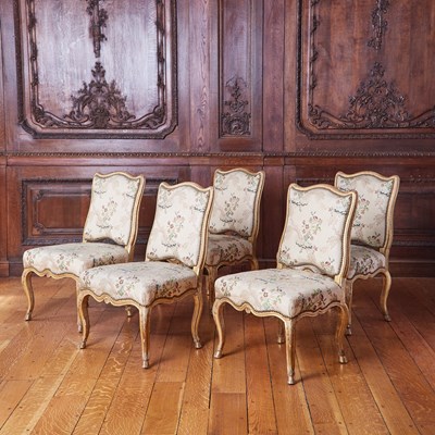 Lot 162 - Set of Five Régence Upholstered Giltwood Side Chairs