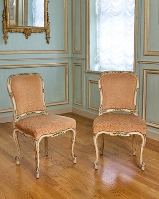 Lot 297 - Pair of Italian Rococo Carved and Painted Upholstered Side Chairs