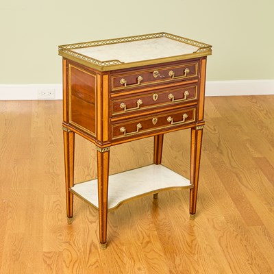 Lot 308 - Louis XVI Kingwood and Satinwood Three-Drawer Side Table