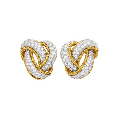 Lot 96 - David Webb Pair of Gold, Platinum and Diamond Knot Earclips