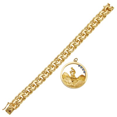 Lot 1065 - Gold Link Bracelet and Gold and Sapphire Mountain Skier Charm