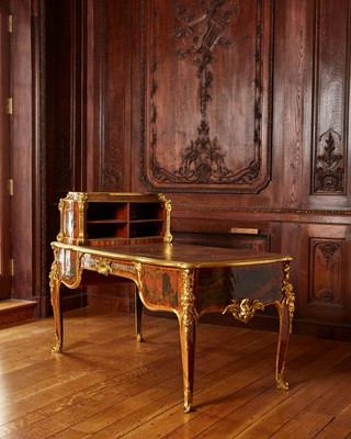 Lot 155 - Louis XV Style Gilt-Bronze Mounted Tulipwood and Chinese Red Lacquer Bureau Plat à Cartonnier