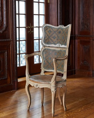 Lot 125 - Louis XV Style Gray Painted and Caned Fauteuil à Raser