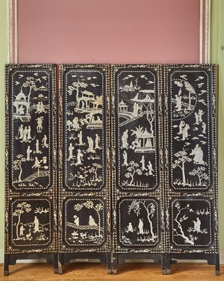 Lot 116 - Chinese Lacquer and Mother-of-Pearl Inlaid Four-Panel Screen