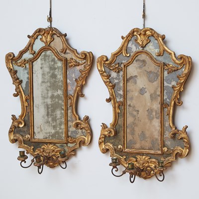 Lot 103 - Pair of Italian Rococo Giltwood Mirrored Girandole Sconces