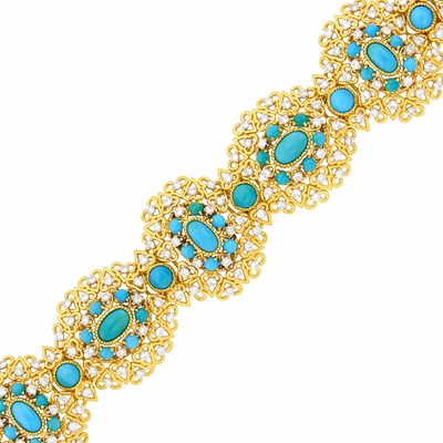 Lot 131 - Cartier Paris Gold, Platinum, Turquoise and Diamond Bracelet