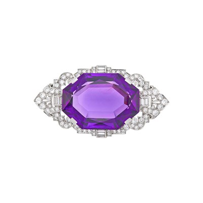 Lot 164 - Tiffany & Co. Platinum, Amethyst and Diamond Brooch