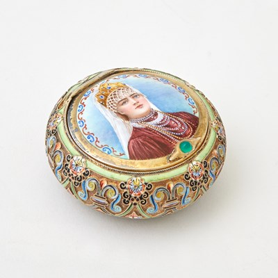 Lot 688 - Russian Silver-Gilt, Cloisonné and Pictorial Enamel Pill Box