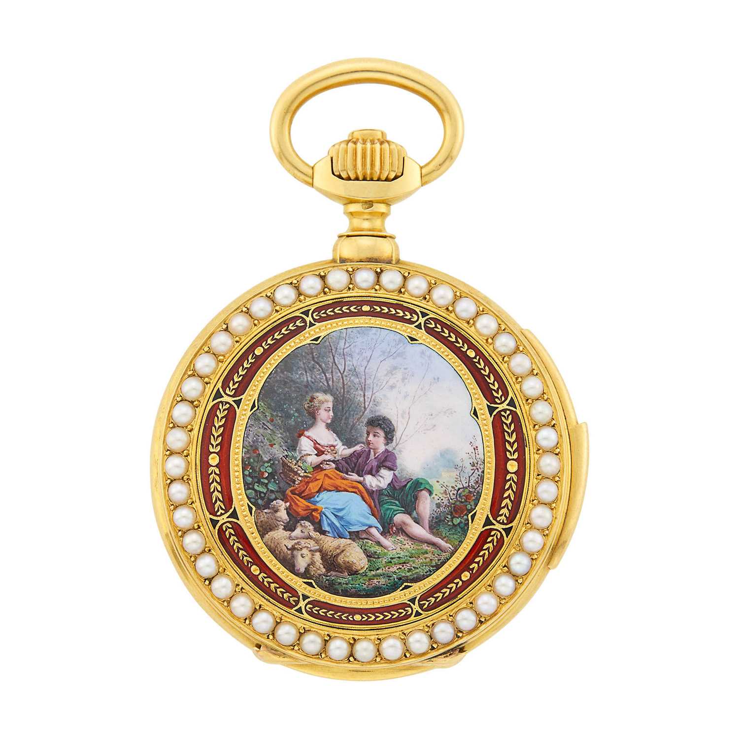 Lot 1095 - L. Vrard & Co. Tientsin Gold, Split Pearl and Enamel Scene Minute Repeater Hunting Case Pocket Watch