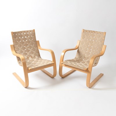 Lot 791 - Pair of Alvar Aalto for Artek Canvas and Bentwood Model 406 Armchairs