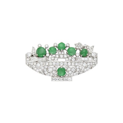 Lot 1177 - Platinum, Jade and Diamond Brooch