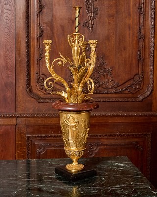 Lot 229 - Restauration Gilt Patinated-Bronze and Marble Five-Light Candelabrum