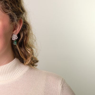 Lot 26 - Pair of Platinum, Emerald and Diamond Pendant-Earrings