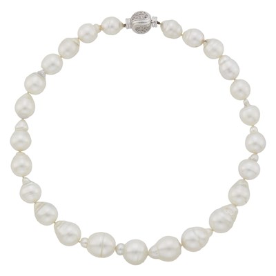 Lot 101 - South Sea Baroque Cultured Pearl Necklace with White Gold and Diamond Ball Clasp