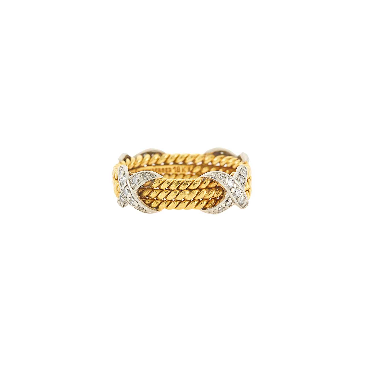 Lot 1050 - Tiffany & Co., Schlumberger Gold, Platinum and Diamond 'Rope Three-row X' Ring