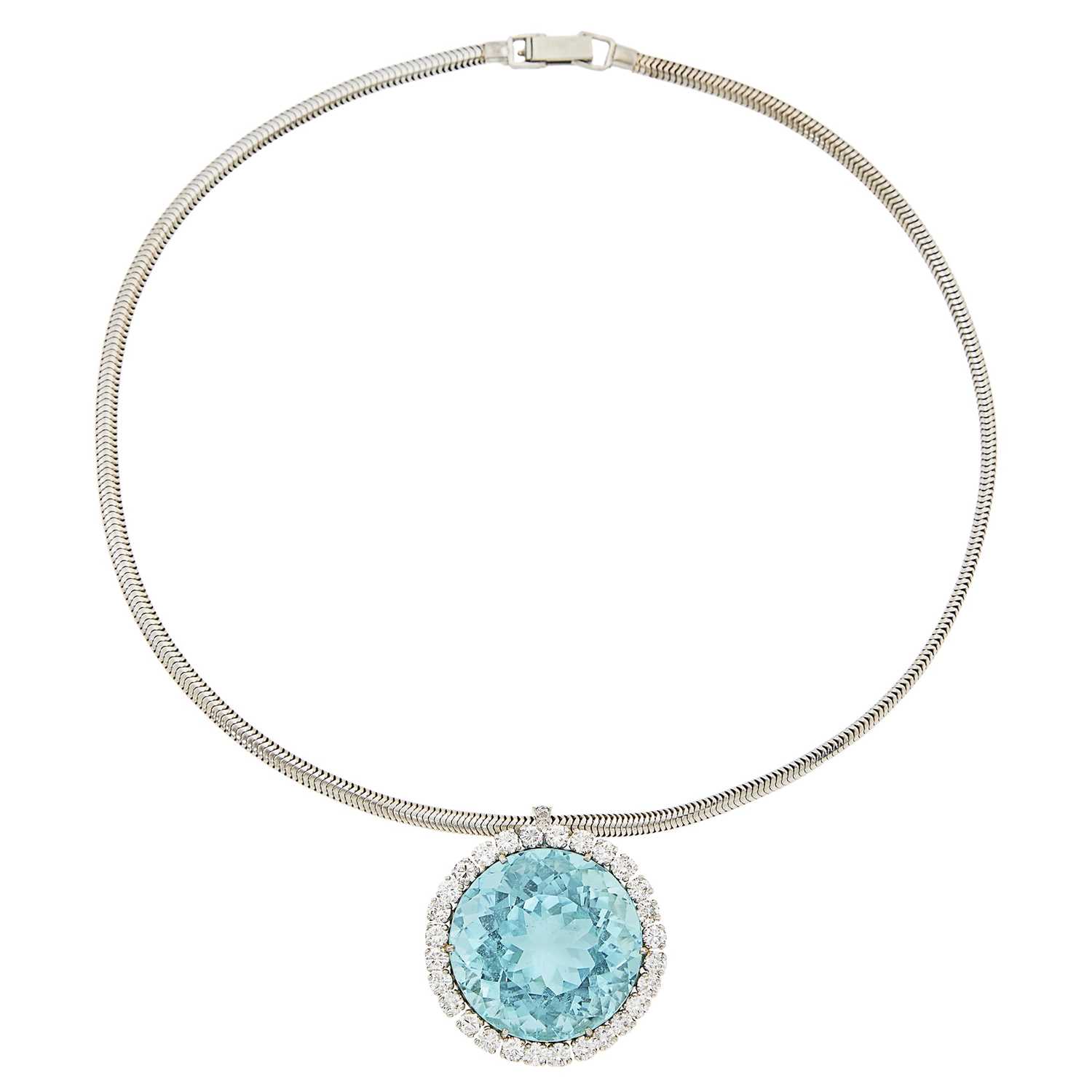 Lot 1077 - Platinum, White Gold, Aquamarine and Diamond Pendant-Brooch with Snake Chain Necklace