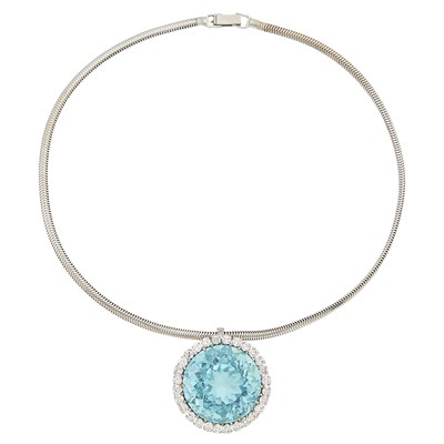 Lot 1077 - Platinum, White Gold, Aquamarine and Diamond Pendant-Brooch with Snake Chain Necklace