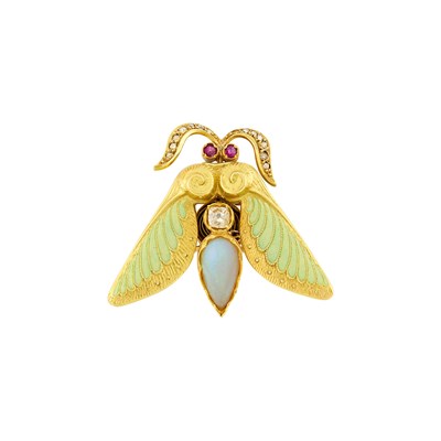 Lot 1185 - Antique Gold, Opal, Enamel, Diamond and Ruby Insect Brooch