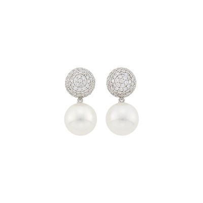 Lot 45 - Pair of White Gold, Diamond and South Sea Cultured Pearl Pendant-Earrings