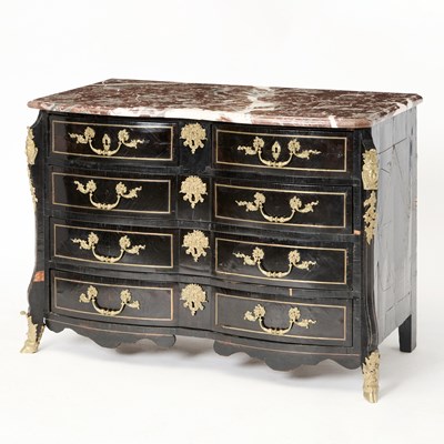 Lot 385 - Régence Gilt-Bronze Mounted and Brass-Inlaid Ebonized Commode