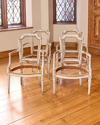 Lot 98 - Set of Four Louis XVI Light Blue Painted Fauteuil Frames
